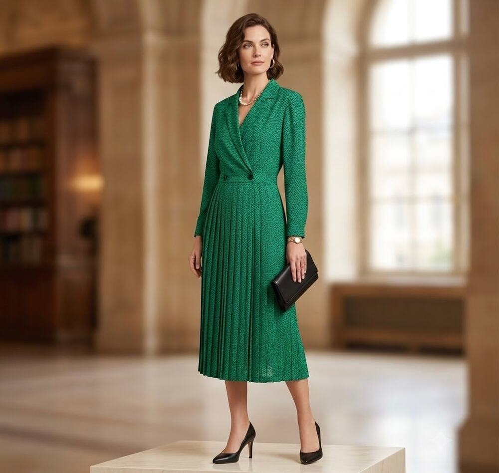 New Vintage Talbots green printed midi secretary dress long sleeve career sz 16